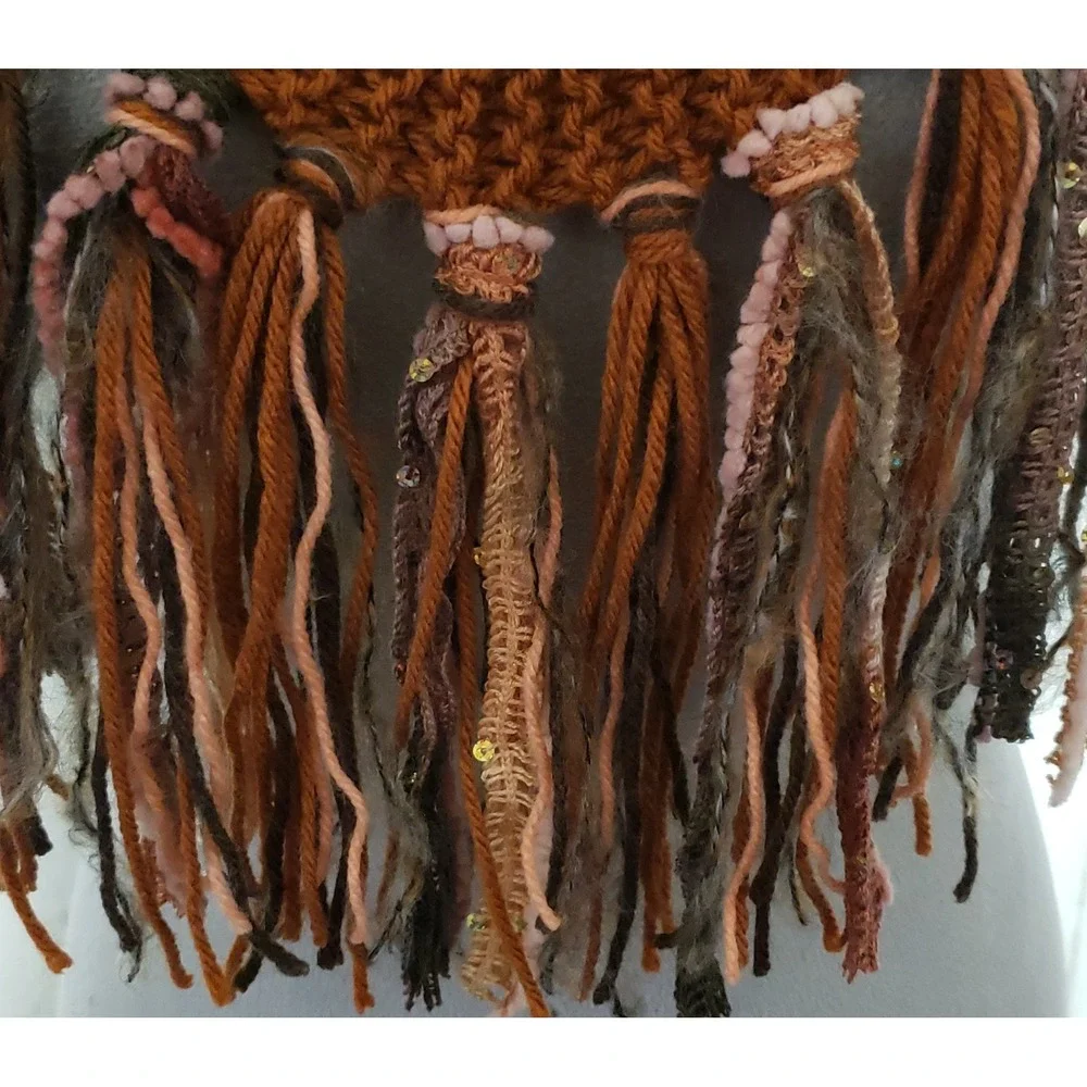 Cowl Scarf Fringe Hand Knitted Orange Rust Womens Boho Hippie Artsy Earthy Glam‎